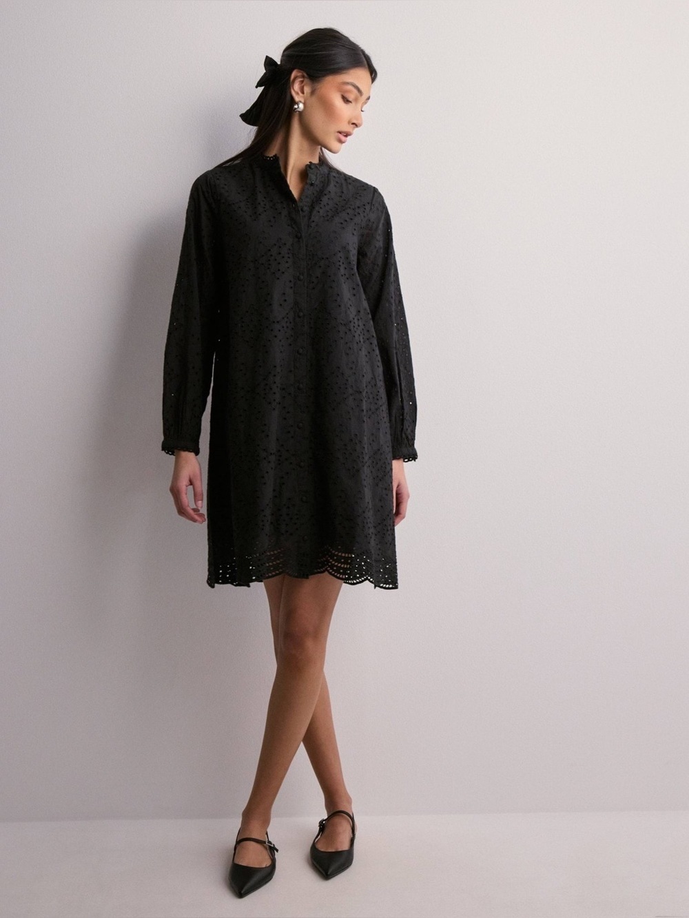 Selected Femme Black Eyelet Long Sleeve Dress